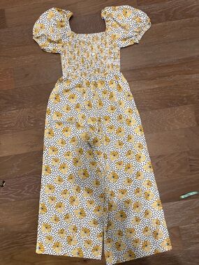 Yellow Floral Puff-Sleeve Smocked Jumpsuit